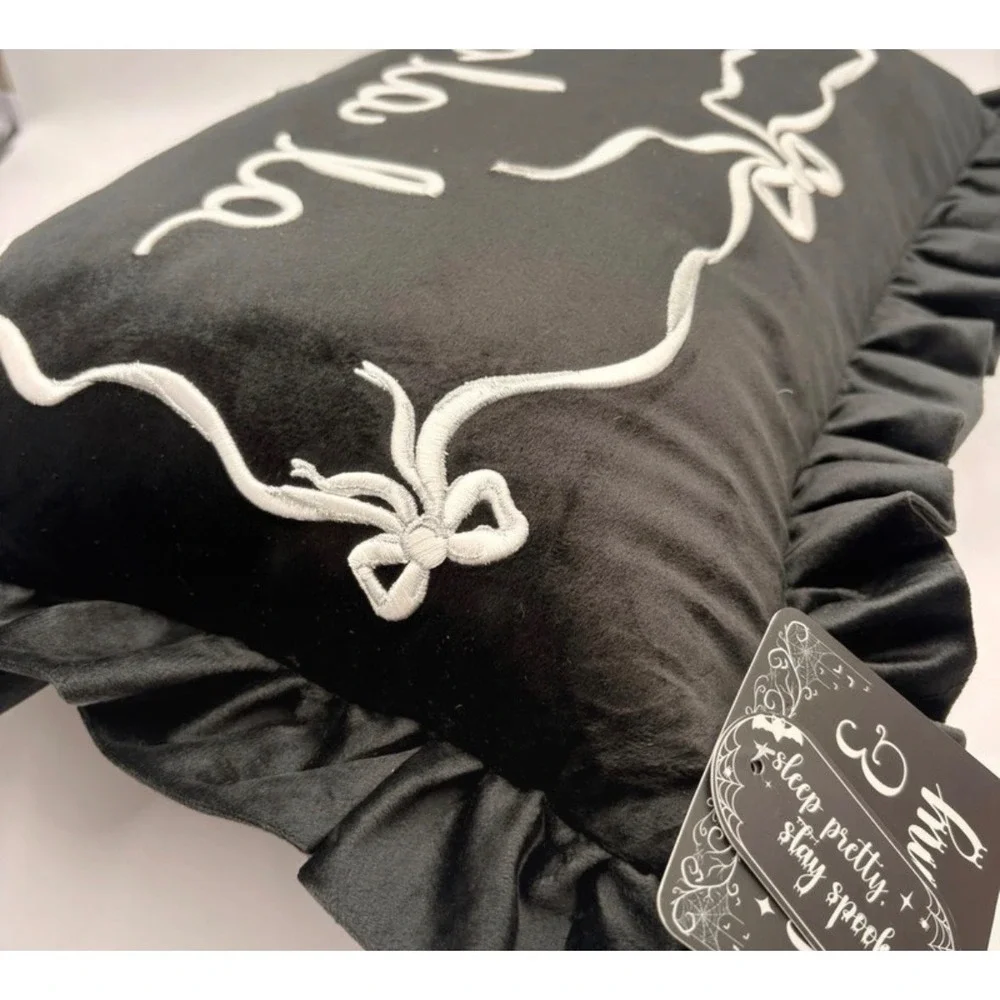 Sleep Pretty Stay Spooky Boo La La Velvet Ruffle Halloween Pillow 14x20 Black